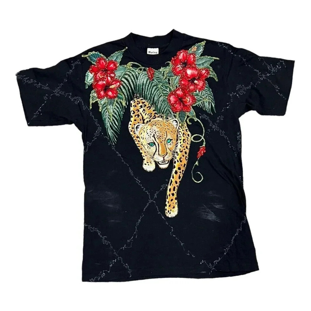 Murina Black Beaded Jaguar Cotton T-shirt M